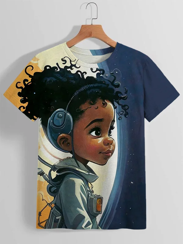 Women's Black Little Pilot Art Print Casual T-Shirt
