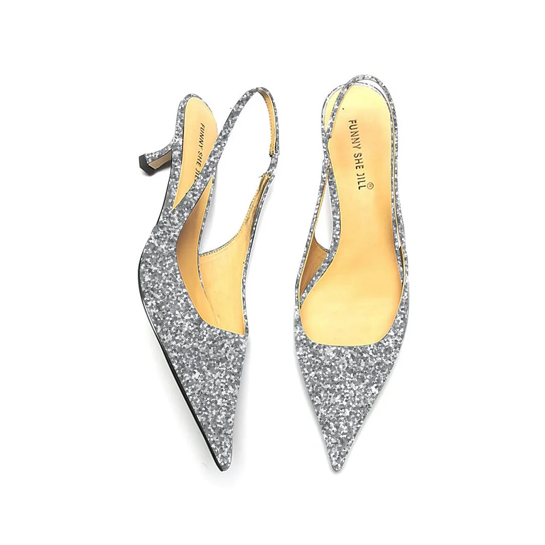 Glitter Pointed Toe Sparkling Silver Slingback Kitten Heel Pump For Women Nicepairs