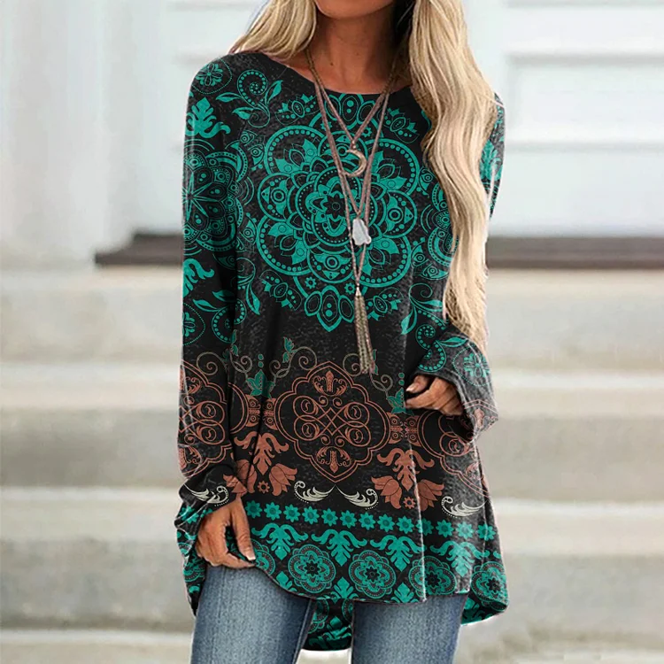 Vefave Vintage Crew Neck Contrast Totem Print Tunic