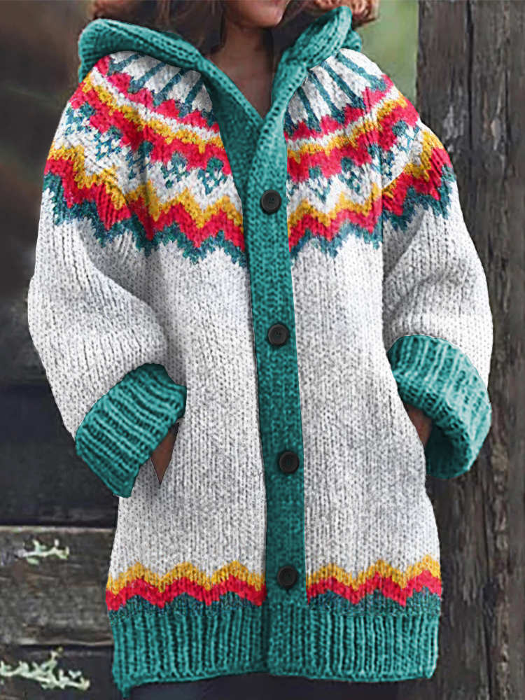 Comstylish Vintage Tribal Pattern Knitted Hooded Cardigan