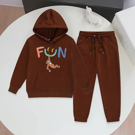 【2Y-13Y】Festive Fleece-Lined Hoodie And Jogger Set With Fun Banana Monkey Cartoon Design For Kids