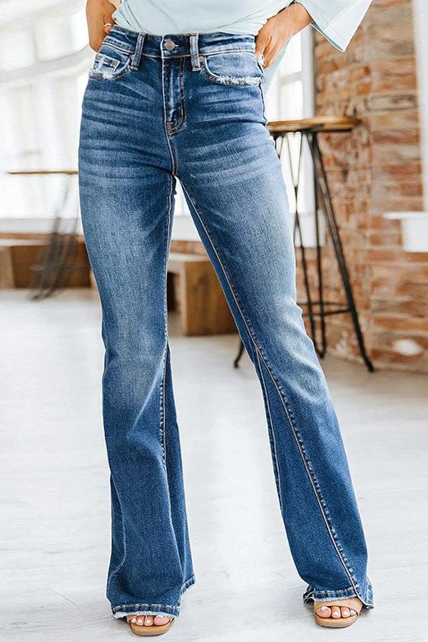 Solid High Waist Paneled Flared Jeans