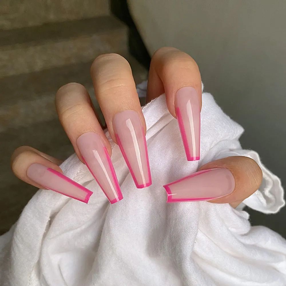 24pcs Nude Pink Long French Fake Nails Extra Rhinestone Decal Bride