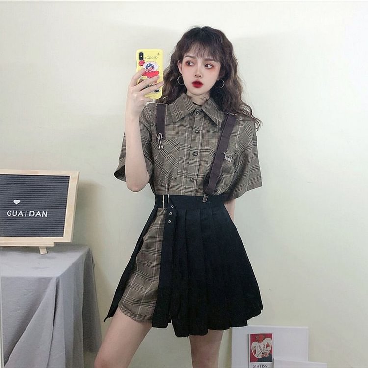 Set: Short Sleeve Plaid Mini Shirtdress + Pleated Mini Wrap Skirt YP3725