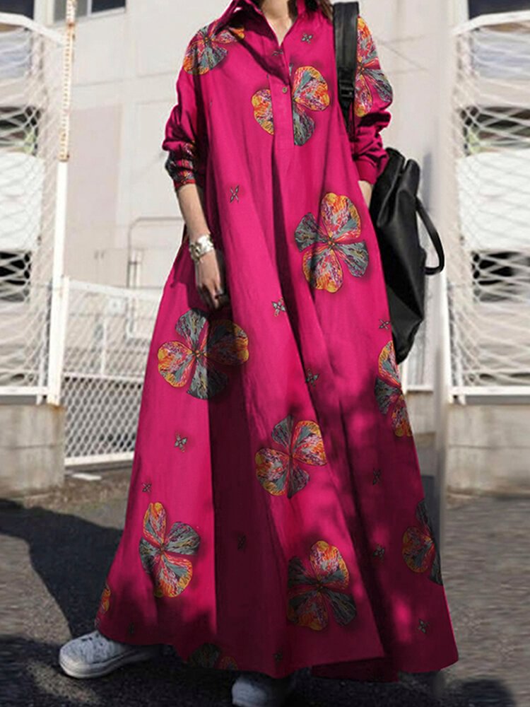 Vintage Floral Printed Big Swing Long Sleeve Pure Cotton Dress