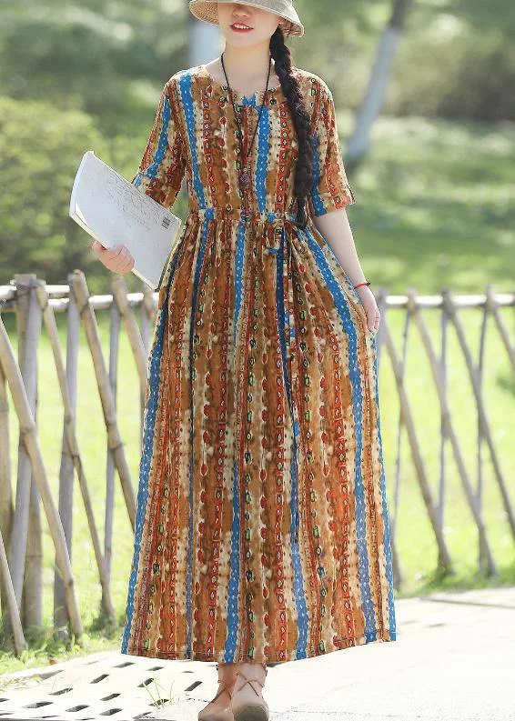Organic prints cotton linen quilting dresses Shape yellow Kaftan Dresses summer