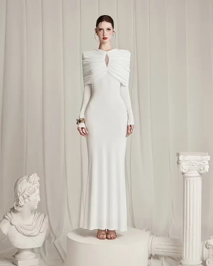Stylish High Neck Long Sleeves High-Waisted Long Pleated Mermaid Prom Dress | XY0119 Wellcucu