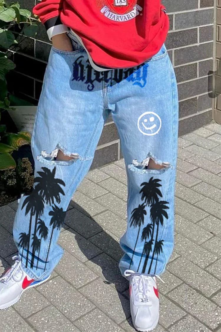 Baby Blue Fashion Casual Ripped High Waist Regular Denim Jeans