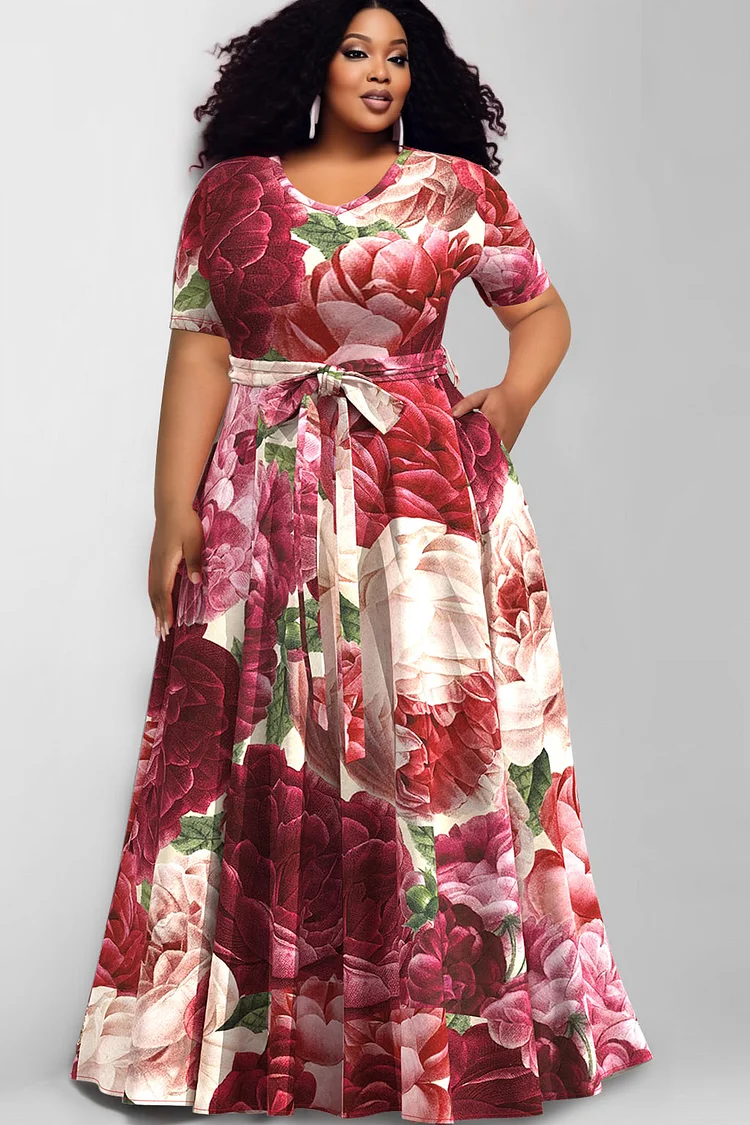 Xpluswear Design Plus Size Burgundy Daily Floral Print Short Sleeve Pocket Maxi Dresses