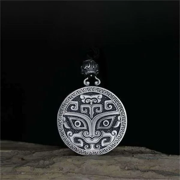 Sterling Silver Taotie Gathering Of Wealth Round Sign Pendant Necklace