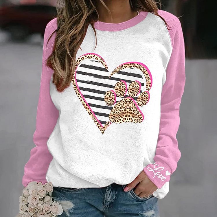 Comstylish Leopard Heart Paw Print Hoodie Print Hoodie