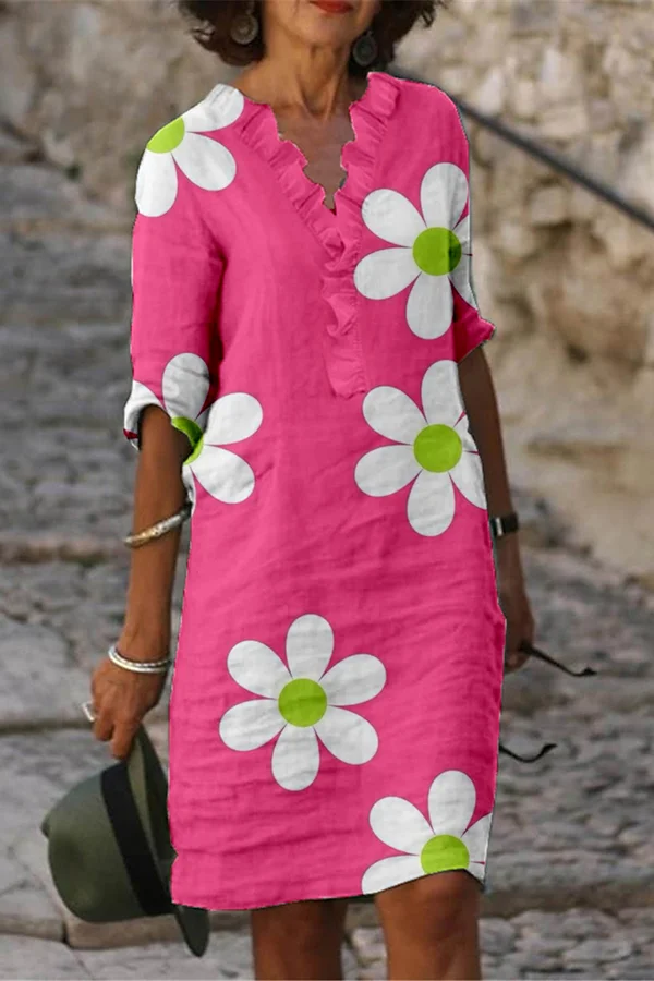 Hot Pink Floral Print Linen Long-Sleeved Dress