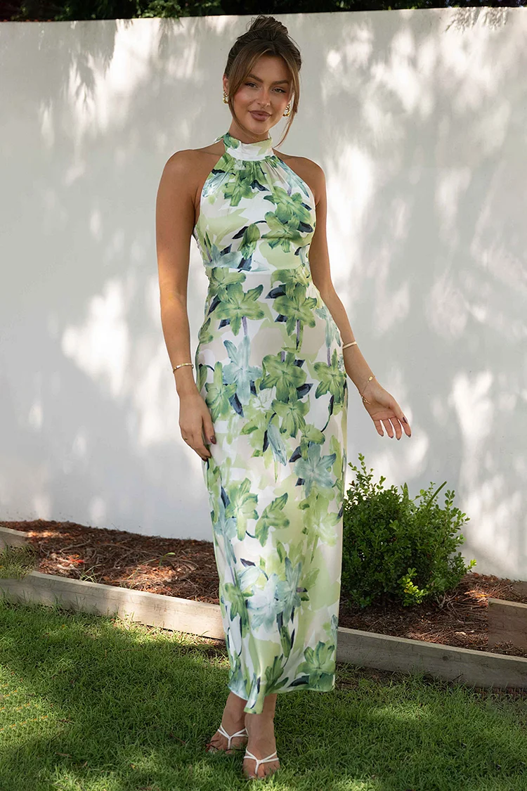Floral Print Halter Backless Flowy Vacation Maxi Dresses