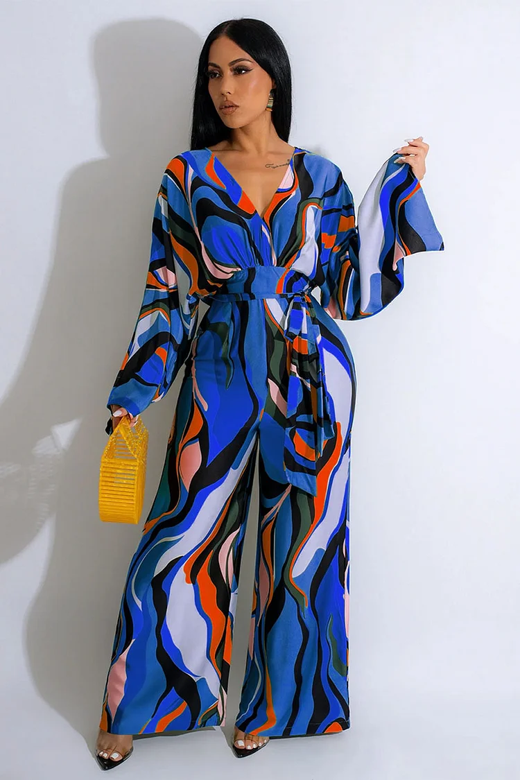 Pattern Print V Neck Long Sleeve Tie Up High Waist Wide Leg Vacation Jumpsuit