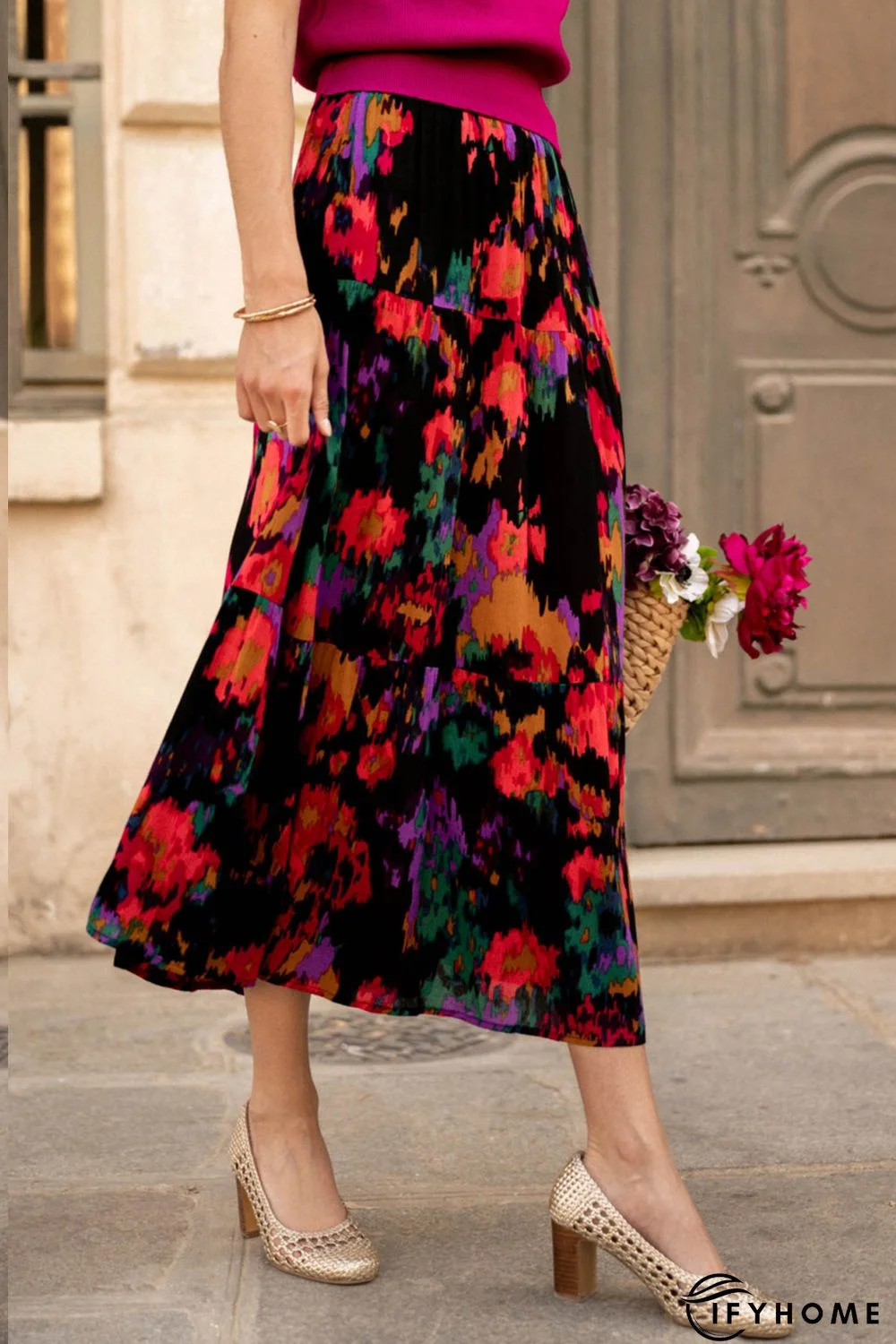 Black Abstract Floral Print High Waist Maxi Skirt | IFYHOME
