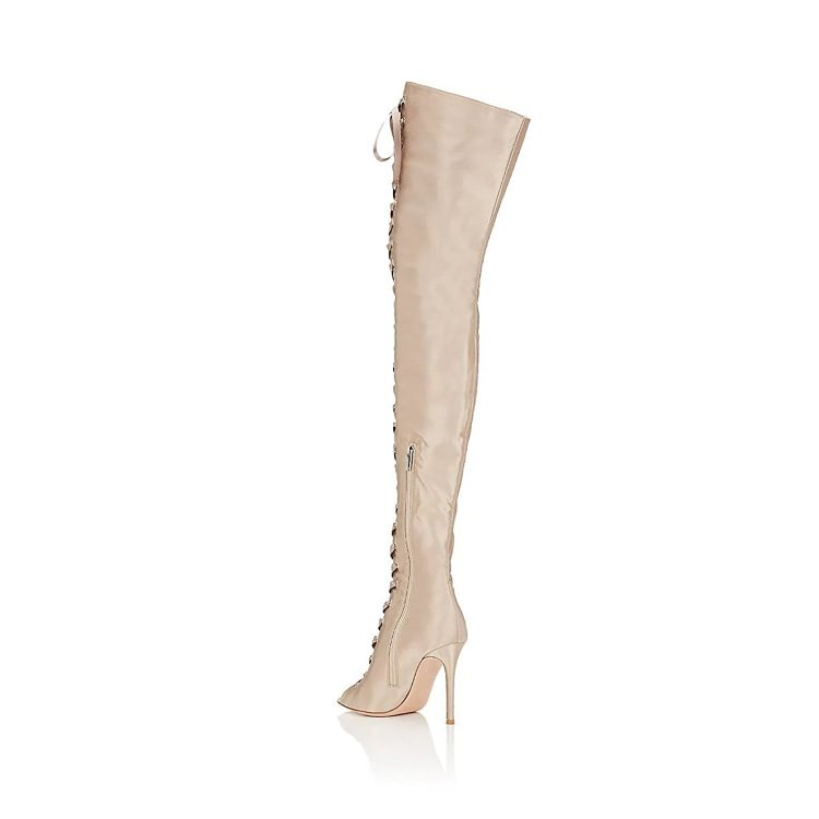 Beige Thigh High Lace up Boots Satin Peep Toe Stiletto Heel Long Boots |FSJ Shoes
