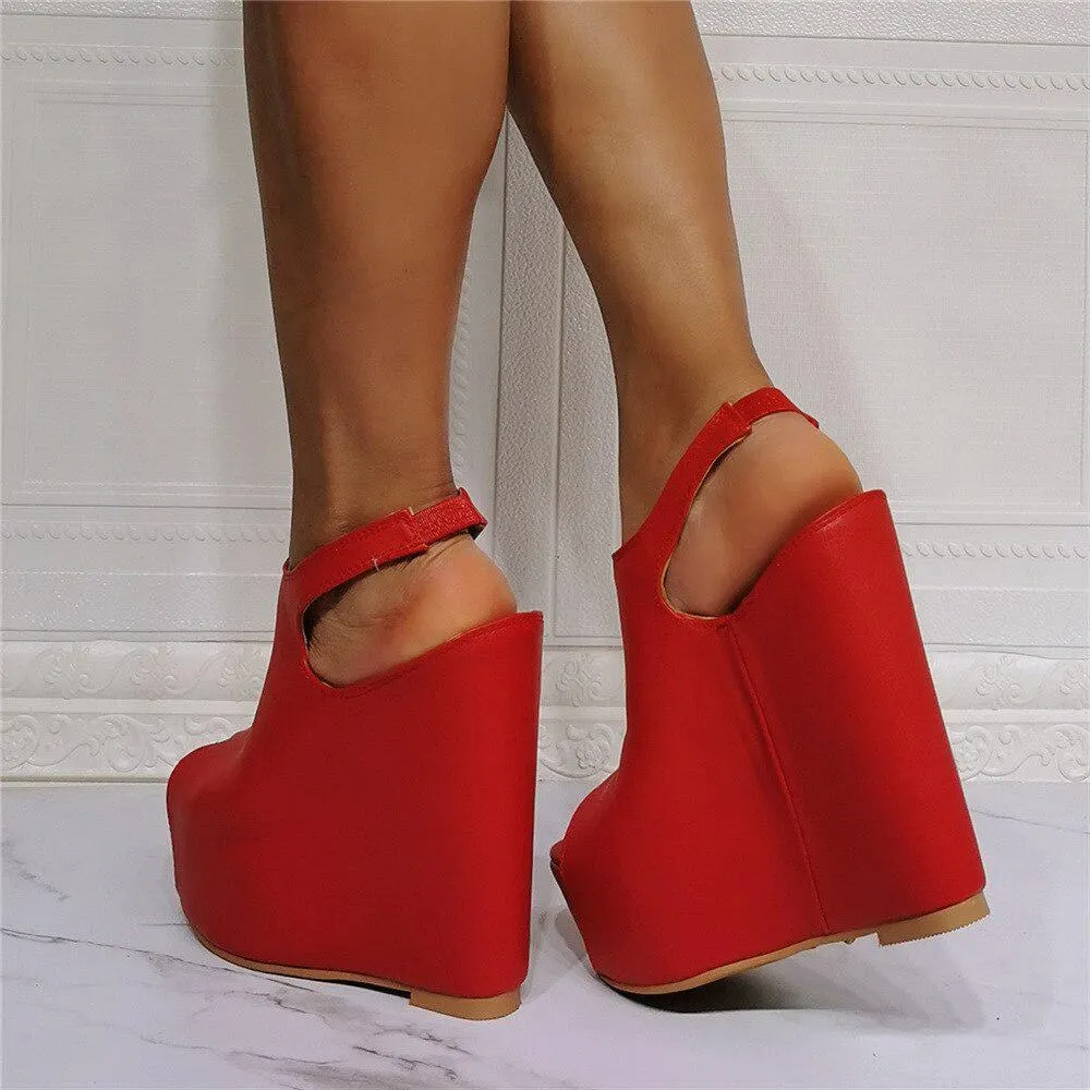 GOOSHOE Wedges Heel Pumps Slingback Ankle Strap Peep-toe Faux Leather Red Shoes