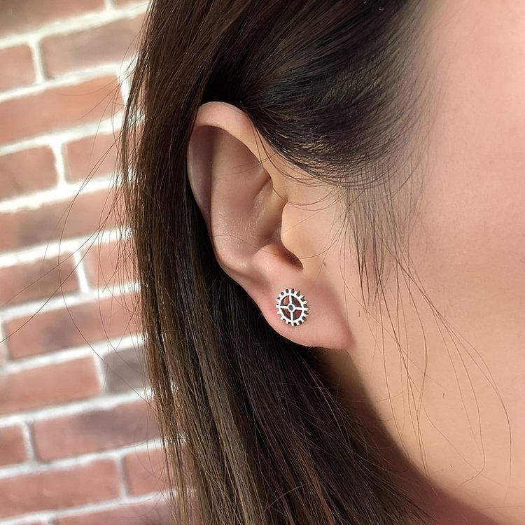 Metalpunk Steam Rock Gear Sterling Silver Stud Earrings