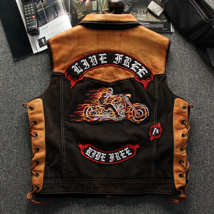 TIMSMEN Rockpunk Biker Leather and Canvas Slim Fit Vest