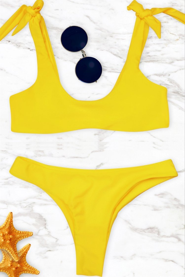 Yellow Scoop Tie Shoulder High Cut Cheeky Sexy Bikini Bathing Suit - Shop Trendy Women's Clothing | LoverChic