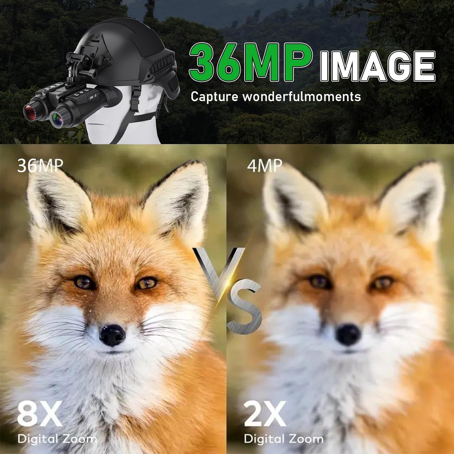 BekinTek Dual Eye 3D View Helmet Mounted Night Vision Binoculars Head Mountable Goggles Rechargeable Optics Telescope IR Full Dark Observing Adjustable Pupil Distance 7x Infrared 8x Digital Zoom 4K Video 36M Photo Independent Diopter Adjust 4 Color Effect 6