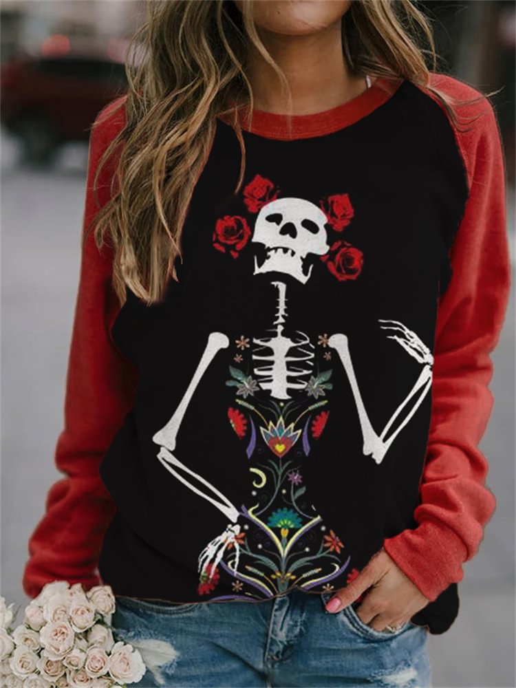 Vefave Day Of The Dead Floral Skeleton Contrast Sweatshirt