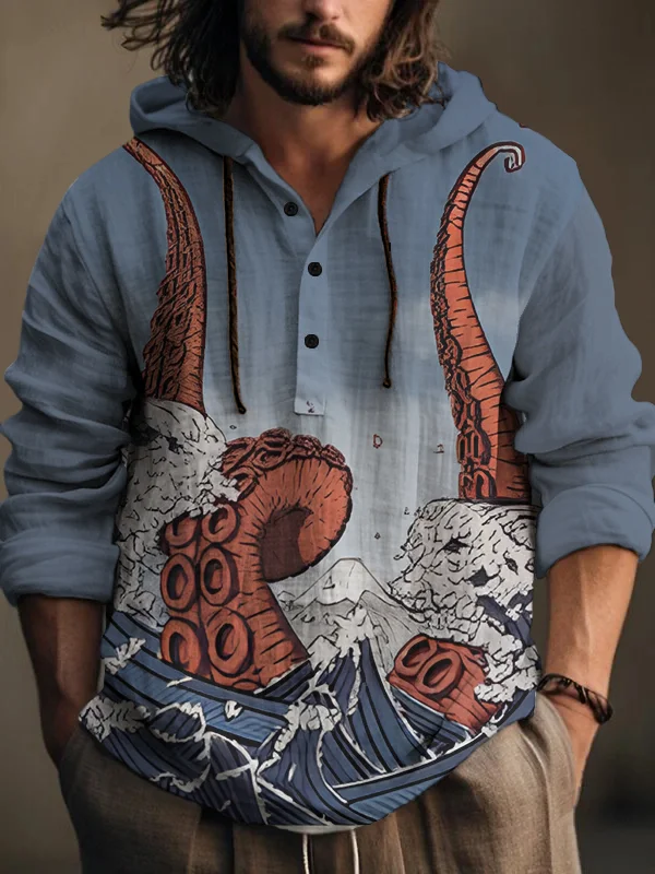 Men's Octopus Destruction Japanese Print Hooded Shirt