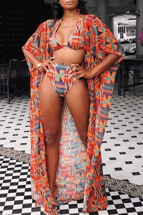 Secy Geometric Printed Two-Piece Swimwear(With Cover-Up) - BlackFridayBuys