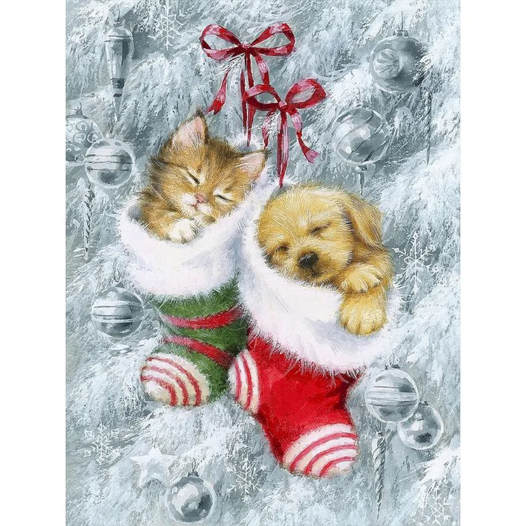 Dogs Cats in Christmas Stockings - Full Round - Diamond Painting(30*40cm)