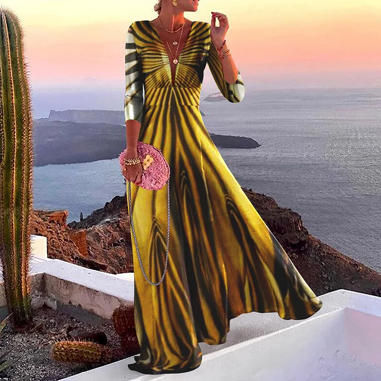 Vefave V-Neck Fashionable Tiger Print Maxi Dress