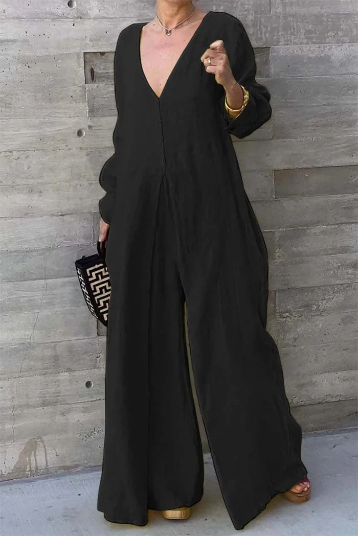 Women Cotton Linen Jumpsuit Women Fashion Solid Color V Neck Button Jumpsuit Mid-Waist Wide Leg Jumpsuit socialshop