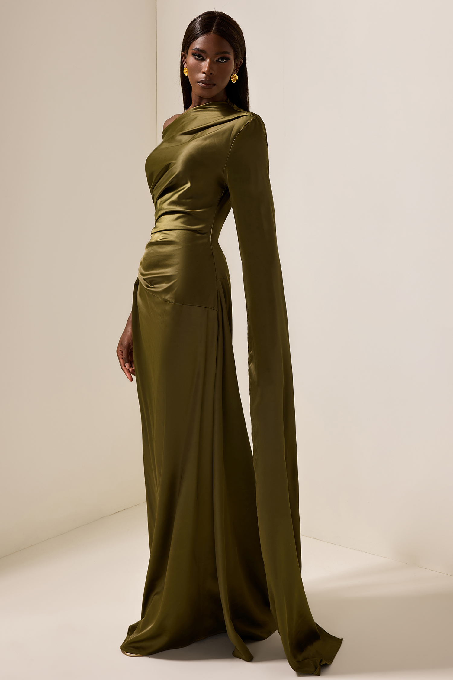 satin asymmetric draped neckline maxi dress Asymmetrical Maxi length Sizing Elegant Long Sleeve Wedding Dresses Amoris T714W Long Bridal COLOR:Custom Color( Add the color in the 