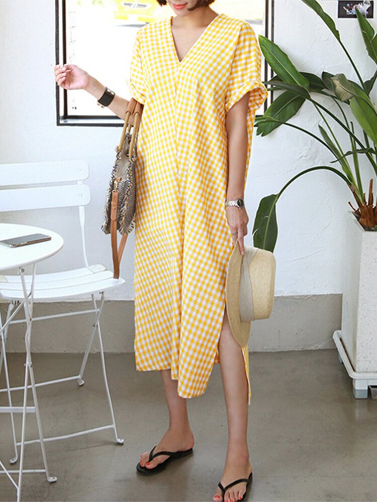 Plaid Short Sleeve V-neck Slit Hem Pocket Dress