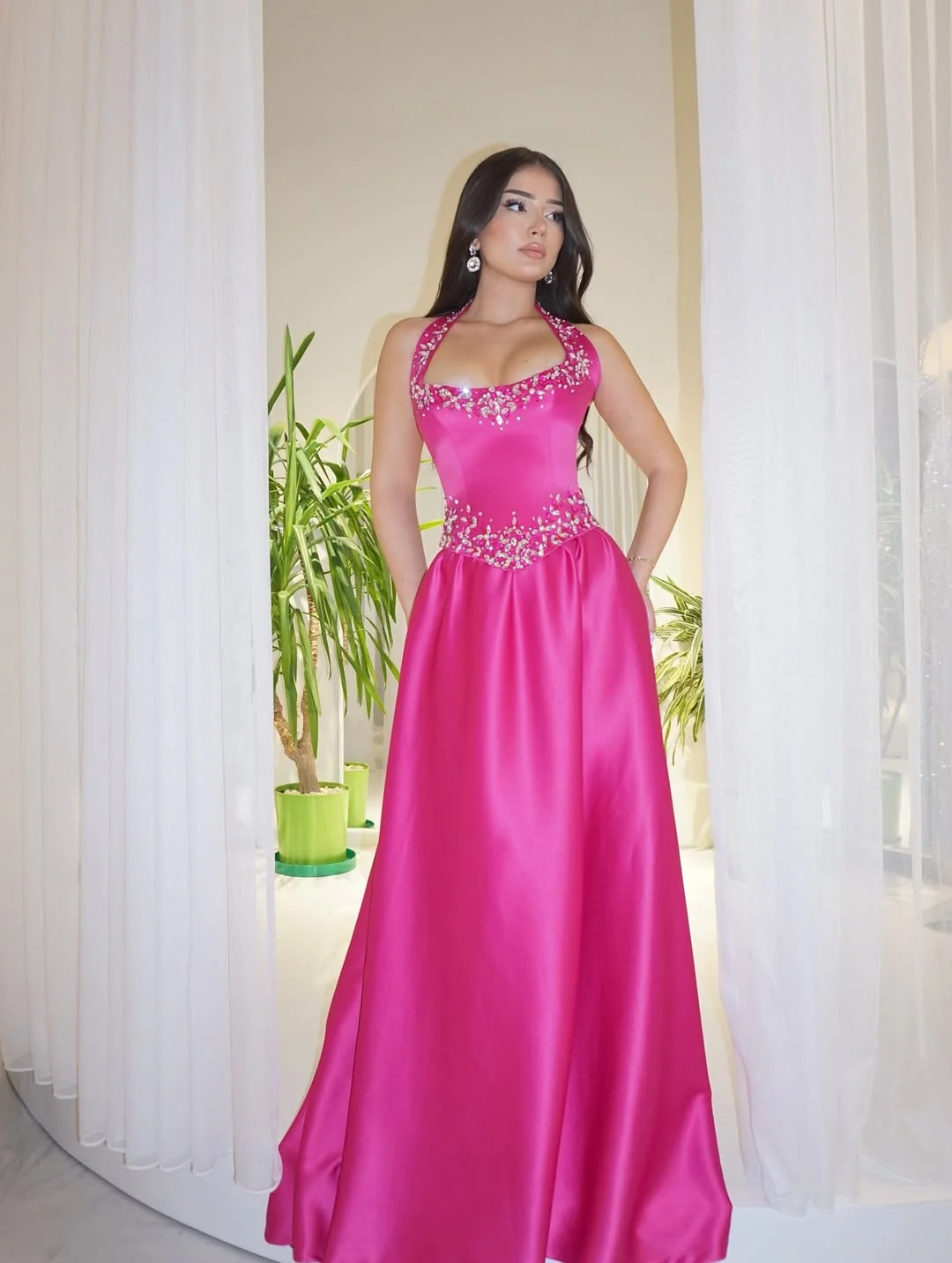 Fuchsia Satin Halter Square Neck Sleeveless Long A-Line Prom Dress With Rhinestones | YK0735 Wellcucu