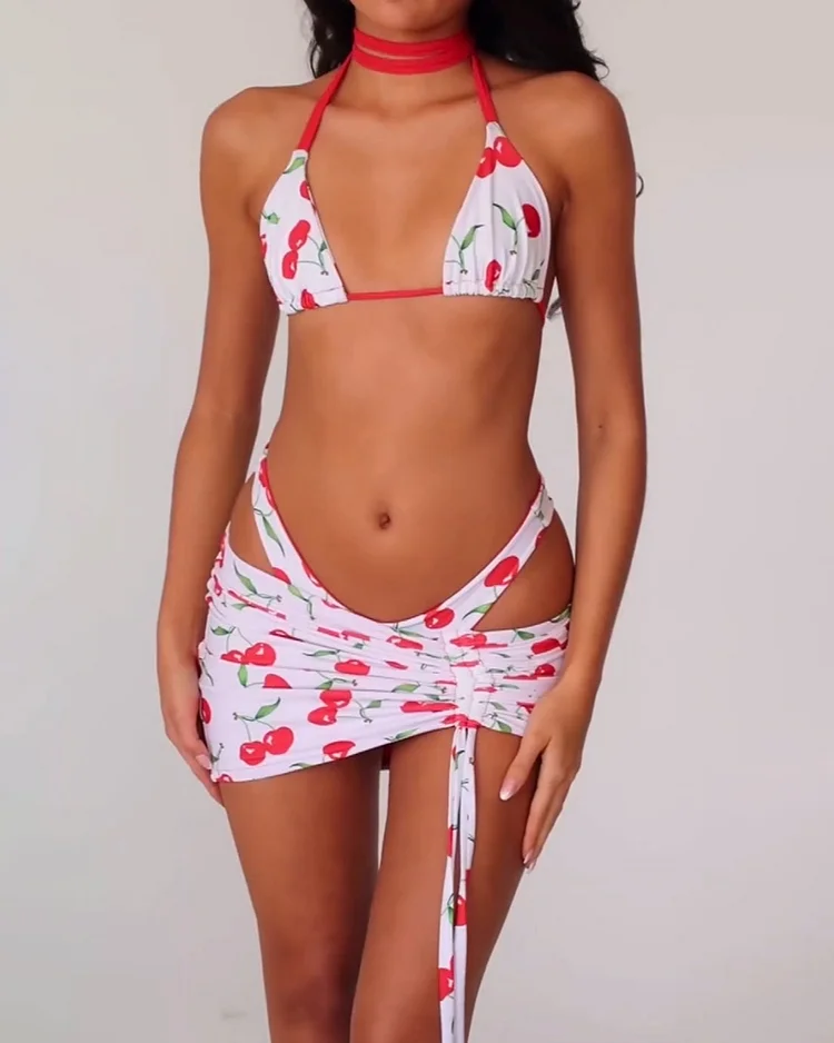 Women's printed lace-up bikini three-piece suit