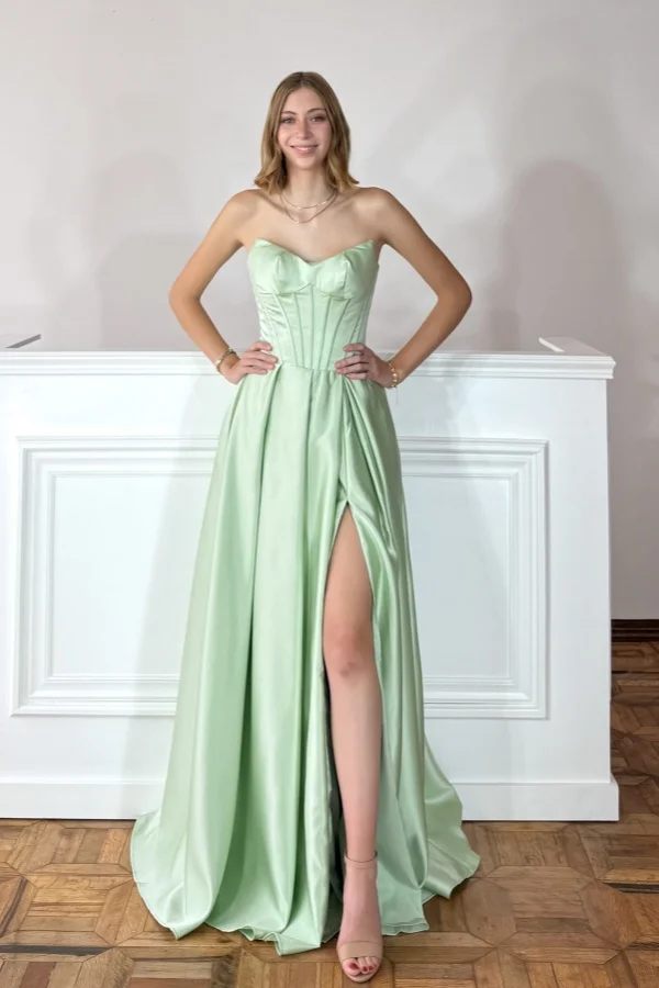 Light Sage Satin V-Neck Strapless Sleeveless Long A-Line Prom Dress With Pleated And High Split | YC0302 Wellcucu