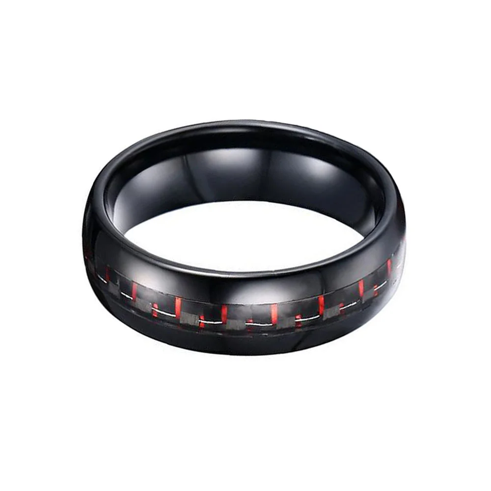 8MM Domed Black Plated Tungsten Carbide Ring Red Carbon Fiber Inlay Men Wedding Band
