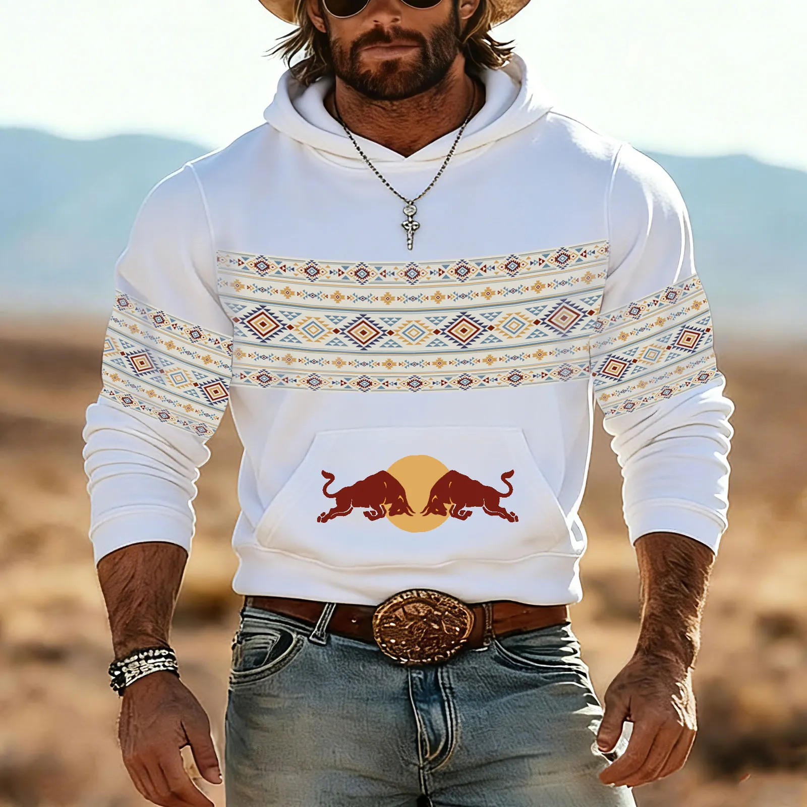 Men's Western-style Fleece-lined Hoodie