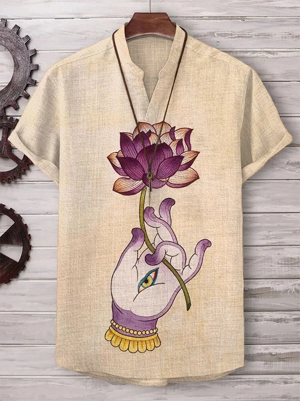 Men's Buddha Hand Holding Lotus Print Cotton And Linen V Neck T-Shirt