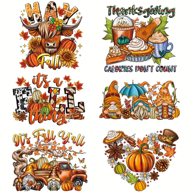6pcs/set New Arrival Turkey Day Theme Pumpkin DIY Iron On Transfer Stickers For Jackets Jeans T-shirts Thanksgiving Day Heat Transfers Printing Sticker For Clothing-Guru-buzz