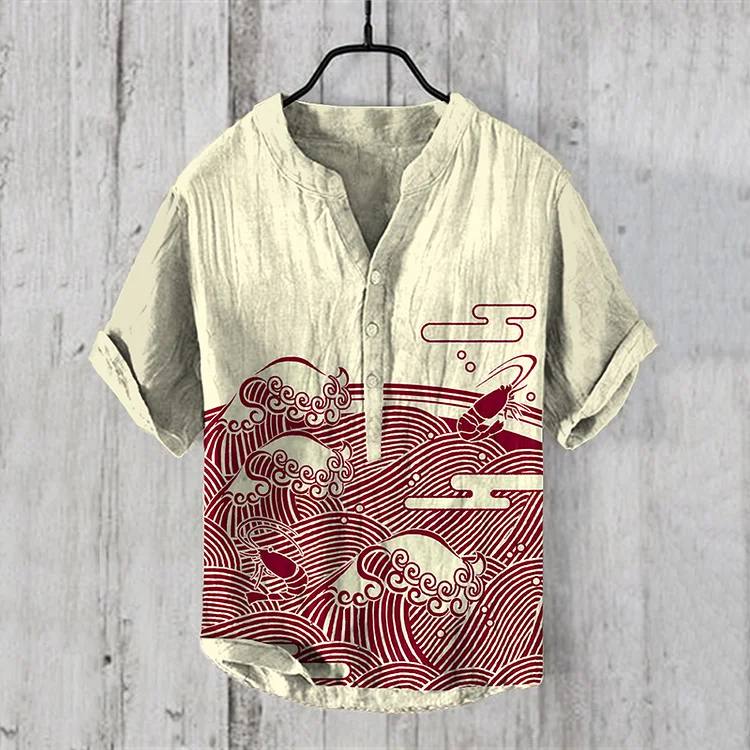 Comstylish Japanese Waves Art Linen Blend Cozy Shirt