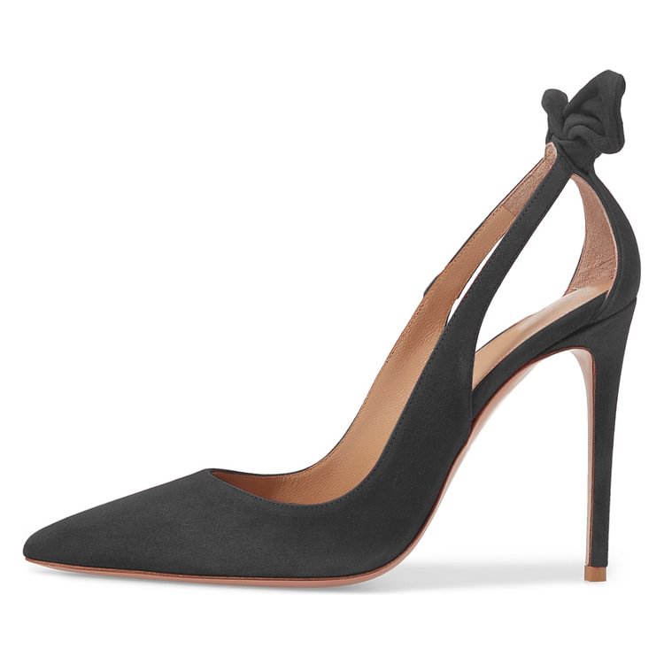 Black Suede Bow Heels Pointy Toe Stiletto Heel Pumps |FSJ Shoes