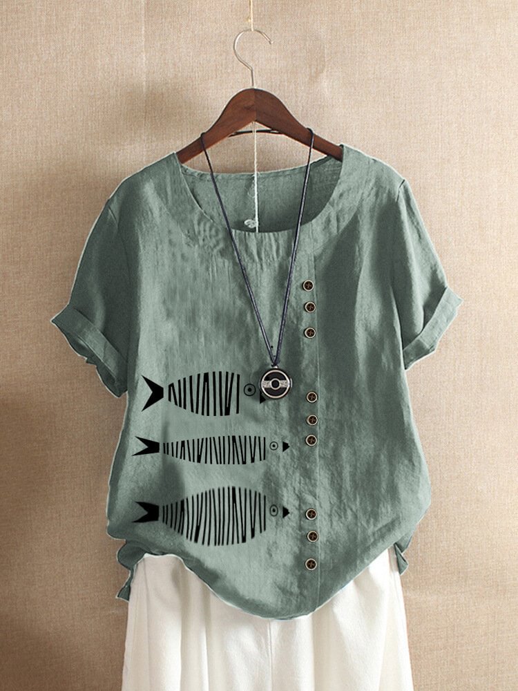 Fish Printed O Neck Button Short Sleeve T shirt P1677643