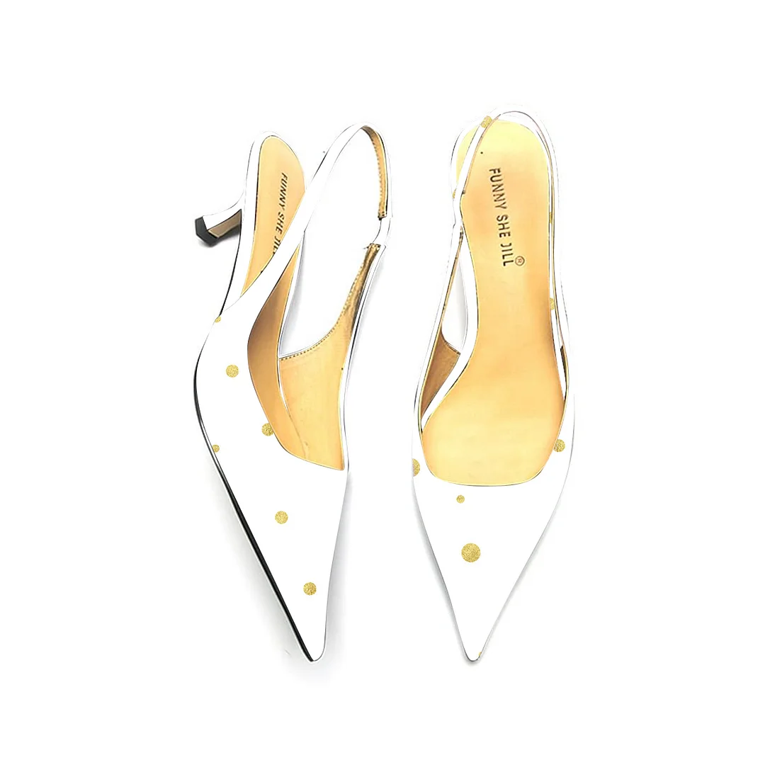 Women's Golden Polka Dots White Bottom Patent Leather Pointed Heel Pumps Toe Elegant Kitten Shoes Nicepairs