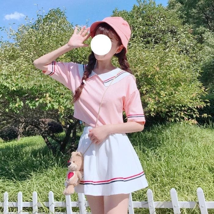 Cute Baby Doll Coller Short Sleeve Blouse and Skirt Two Piece Set SP15320