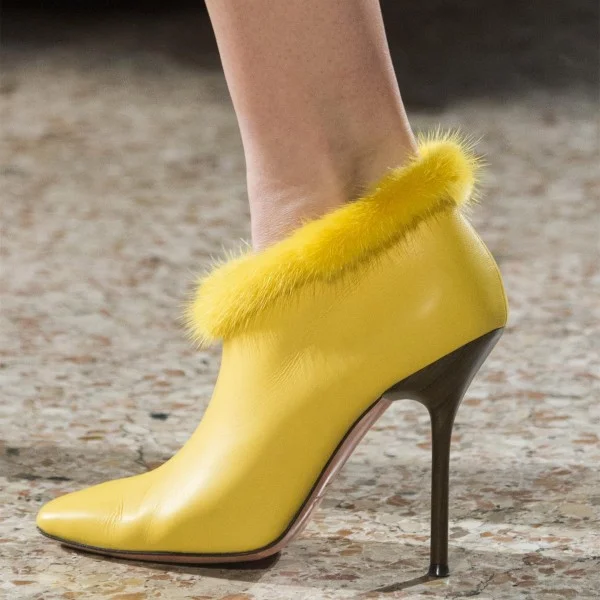 Yellow Faux Fur Boots Pointed Toe Stiletto Heel Booties for Women Nicepairs