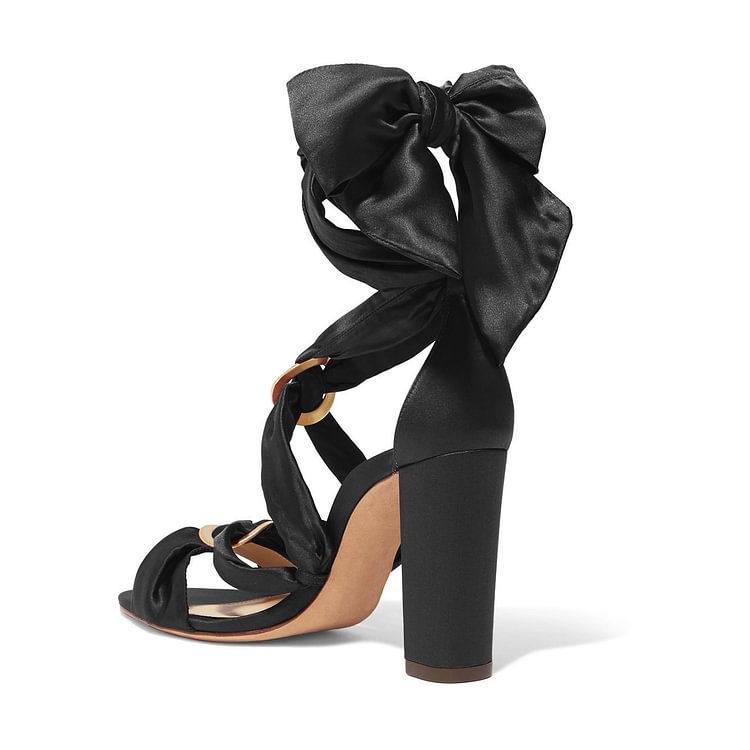 Women's Black Bow Chunky Heel Strappy Sandals |FSJ Shoes