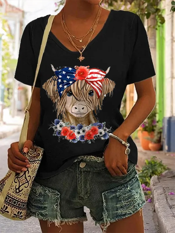 Highland Cow Print American Flag Women's V-neck T-shirt