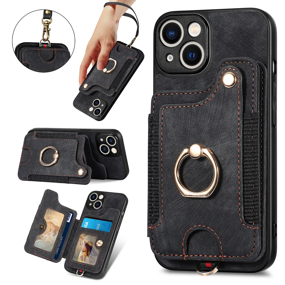 Retro Leather Phone Case With Elastic 3 Cards Wallet,Ring,Kickstand And Detachable Lanyard For Galaxy S22/S22+/S22 Ultra/S23/S23+/S23 Ultra
