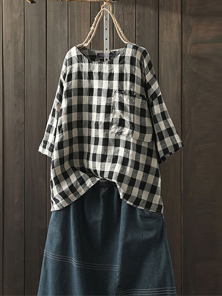 Vintage Plaid Pocket Overhead 3/4 Sleeve Blouse P1524861